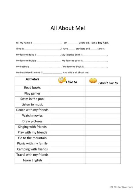 Please rate on how this worksheet helps you. it'll be meaningful to me.   this worksheet explains about how to introduce yourself and tell the others on what is your favorite activities, hobbies, foods and drinks, and book. a Tell Me About Yourself, Work Sheet, Foods And Drinks, Introduce Yourself, Likes And Dislikes, English Lessons For Kids, All About Me, Esl Worksheets, What Is Your Favorite