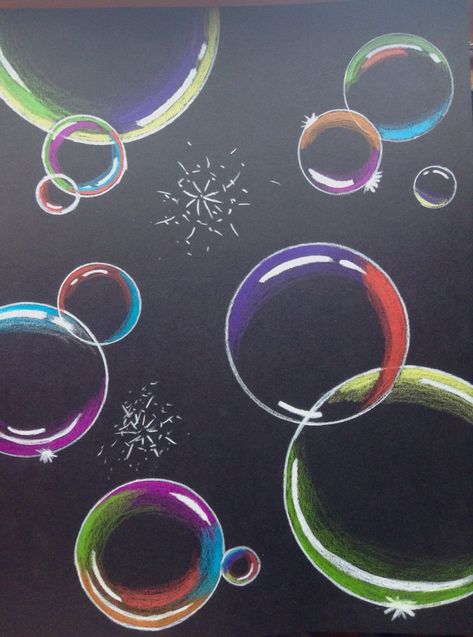 Bubble Pictures Art, Art Projects On Black Paper, Chalk Bubbles Art, Non Traditional Art Projects, Chalk Art Bubbles, Chalk Paper Art, Chalkboard Wall Decor Ideas, Chalk Art Ideas On Paper, Chalkboard Drawings Doodles