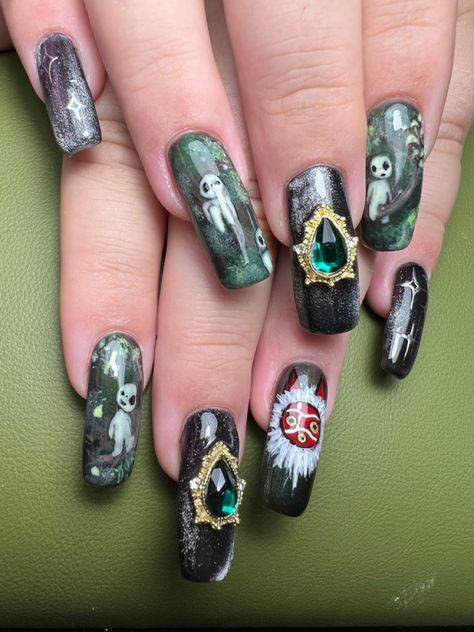 Princess Mononoke Nail Art, Princess Mononoke Nails, Studio Ghibli Nail Art, Anime Themed Nails, Studio Ghibli Nails, Ghibli Nails, Japan Nails, 3d Acrylic Nails, Japan Nail