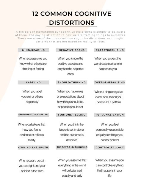 Use this 12 common cognitive distortions sheet to better understand your thinking patterns, how these common fallacies impact your view on the world, and improve your ability to challenge your thoughts! Cognitive Distortions Worksheet, Thinking Patterns, Counseling Techniques, Health Maintenance, Prostate Health Men, Counseling Tools, Therapy Practice, Big Feelings, Understanding Emotions