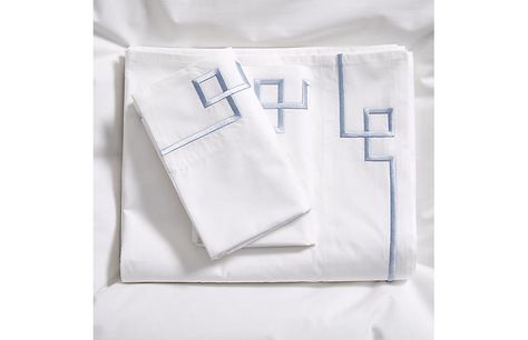 Fretwork Sheet Set, Light Blue/White - Hamburg House - Brands | One Kings Lane Monogram Bedding, White Sheet Set, White King, Elephant Logo, White Sheets, Williams Sonoma Home, Blue Trim, Cotton Sheet Sets, Cotton Set