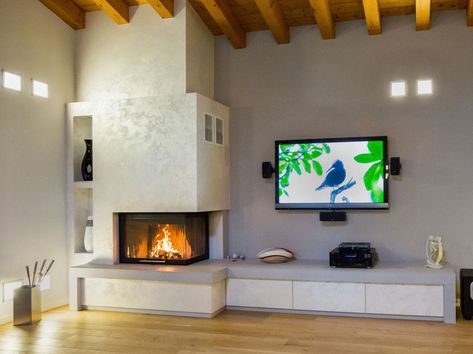 Corner Wood Stove, Corner Fireplace Living Room, Basement Fireplace, Berlin Apartment, Interior Design Boards, Corner Fireplace, Highland Homes, Tv Wall Design, Home Fireplace