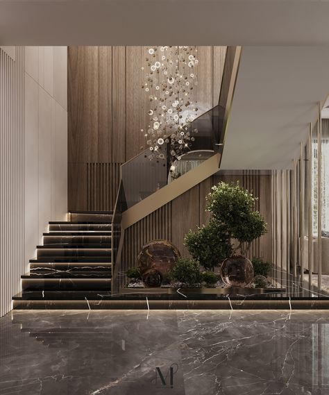 Luxury Reception :: Behance House Entrance Lobby Design, Modern Lobby Design Home, Reception Design Interior Home, Lobby With Stairs Design, Neo Classic Stairs, U Shape Staircase Design, Villa Reception Interior Design, Staircase Design Modern Luxury Homes, Modern Classic Restaurant