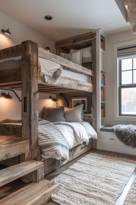 Kids Farmhouse Bedroom Ideas For Boys Farmhouse Shared Bedroom, Bunk Bed For 3 Kids, Barndominium Ideas Interiors Bedroom, Country House Interior Bedroom, Barn House Bedroom Ideas, Cottage Farmhouse Bedroom Ideas, Farmhouse Twin Bedroom Ideas, Log Cabin Room Ideas Bedrooms, Vaulted Bedroom Ideas