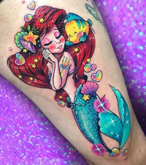 40 Unique And Cool Glitter Tattoos Laura Anunnaki, Ariel Tattoo, Little Mermaid Tattoo, Disney Sleeve Tattoos, Tattoo Diy, Kunst Tattoos, Marvel Tattoos, Cat Tattoos, Kawaii Tattoo