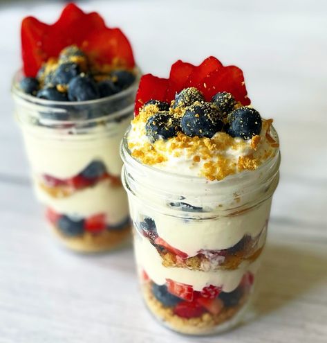 Berry Cheesecake Parfaits | Lite Cravings | Healthier Recipes Ww Yogurt Parfait, Ww Cherry Cheesecake Jars, Weight Watchers Strawberry Cheesecake Jars, Strawberry Parfait Recipes, Weight Watchers Lightened Up Strawberry Pretzel Cheesecake, Ww Blueberry Cheesecake Parfait, Breakfast Parfait Recipes, Lite Cravings, Cheesecake Parfait