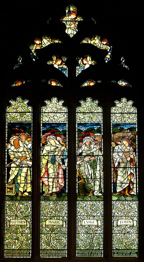 Matthew, Mark, Luke, and John | St. Michael's is one of the outstanding medieval churches in Scotland.  A church has stood on this site for many centuries; the first documented reference is in a charter of King David in 1138. St Mathew, Matthew Mark Luke John, Robert The Bruce, King Robert, Stained Glass Church, The Garrison, Modern Stained Glass, Mosaic Stained, Church Windows