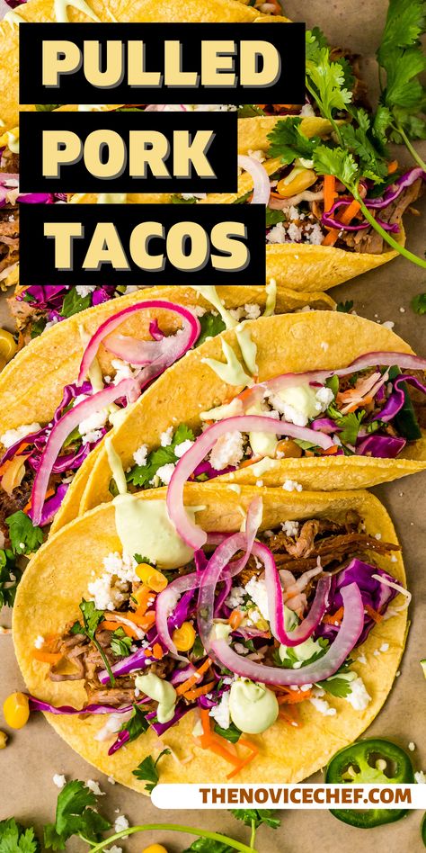 Pulled Pork Tacos Bbq Pork Tacos With Slaw, Onion Cilantro Taco Topping, Sauce For Pulled Pork Tacos, Pulled Pork Tostadas, Mexican Pulled Pork Tacos, Pulled Pork Tacos Recipe, Pulled Pork Quesadilla, Best Pulled Pork, Easy Spanish Recipes