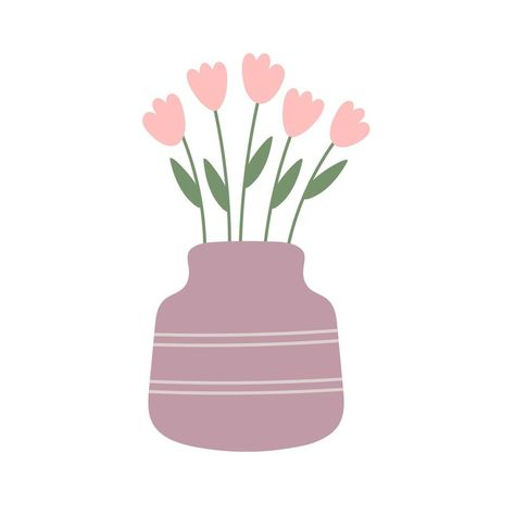 Pink tulips in vase. Hand drawn flowers. Cute elegant simple flat botanical illustration. Spring Green. Illustration for floral cards, shops, Easter decor. Tulip Illustration Simple, Pink Tulips In Vase, Flower Vase Illustration, Green Illustration, Drawn Flowers, Flowers Cute, Tulips In Vase, Hand Drawn Flowers, Pink Tulips