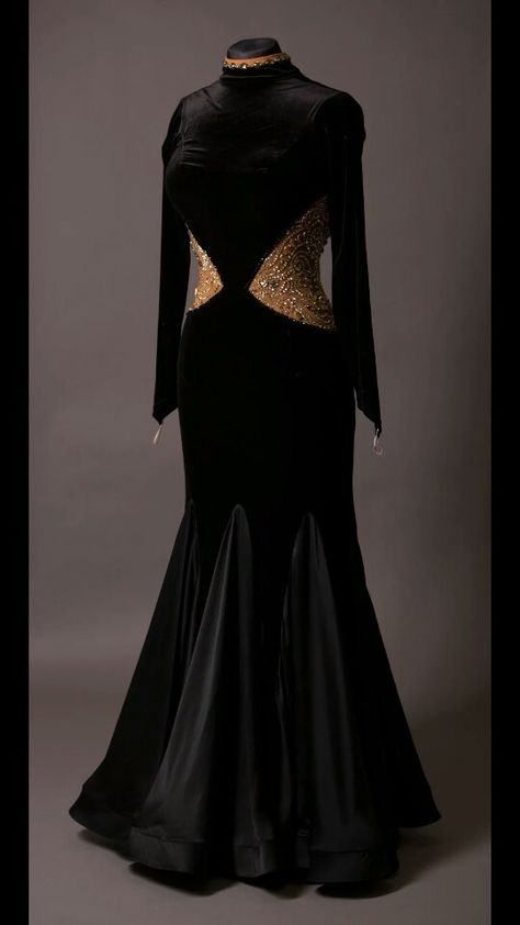 Dore in velvet. Got to try this on and felt amazing :) picture does not do it justice Black Belly Dance Dress, Gothic Dance Costumes, Tambourine Dancer Dress, Latin Dance Dresses Black, Gold Latin Dance Dress, Smooth Ballroom Dress, Dore Designs, Ballroom Standard Dress, Ballroom Gowns