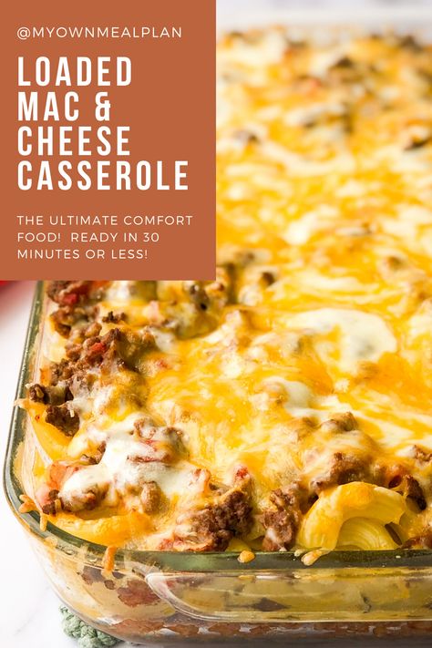 If this recipe doesn’t SCREAM comfort food, I don’t know what does! This Loaded Mac & Cheese Casserole is packed with cheesy, meaty goodness! This dish comes together in seriously no time at all and it’s a meal that the entire family will love. Made with macaroni noodles, ground beef, garlic, marinara sauce, canned tomatoes, and of course, cheese! You probably already have all these ingredients on hand, let’s get cooking! Cheesy Beef Macaroni Casserole, Baked Mac And Cheese With Ground Beef, Burger Macaroni Casserole, Cheesy Pasta With Ground Beef, Loaded Mac And Cheese Recipe Baked, Macaroni And Cheese Pizza Casserole, Baked Hamburger Macaroni Casserole, Cheesy Hamburger Recipes, Essen