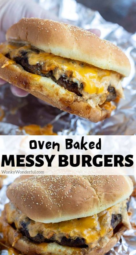 This Oven Baked Burgers Recipe is the only way I prepare hamburgers at home. We pan fry the burger patties, assemble the burgers with cheese and secret sauce, wrap then bake to perfection. These are called Messy Burgers at my house, a five napkin meal! #burgerrecipes #cheeseburgerrecipes #dinnerideas #easydinnerrecipes #fastfoodrecipes #dinnerrecipes Hamburgers At Home, Dinners With Burger Meat, Loose Hamburger Sandwiches, Fried Burger Recipes, Loaded Burgers Patties, Ham Burger Recipes, Things To Do With Hamburger Patties, What To Do With Burger Patties, Frying Pan Burgers