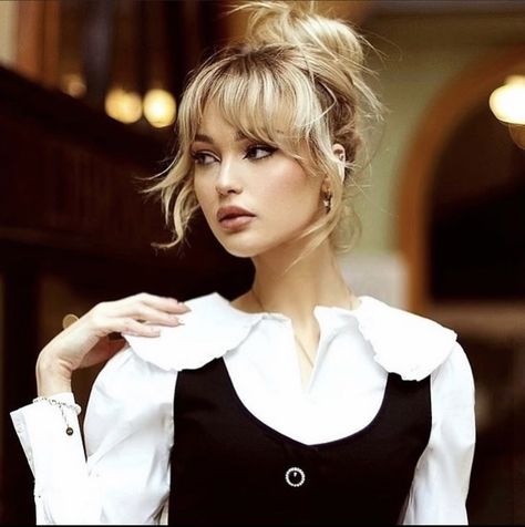 Bangs Hair Up Do, Short Hair With Bangs Hairstyles Updo, French Hair Bangs, Blonde Updo With Bangs, French 60s Hair, High Updo With Bangs, Babydoll Bangs, European Bangs, Formal Hair Bangs