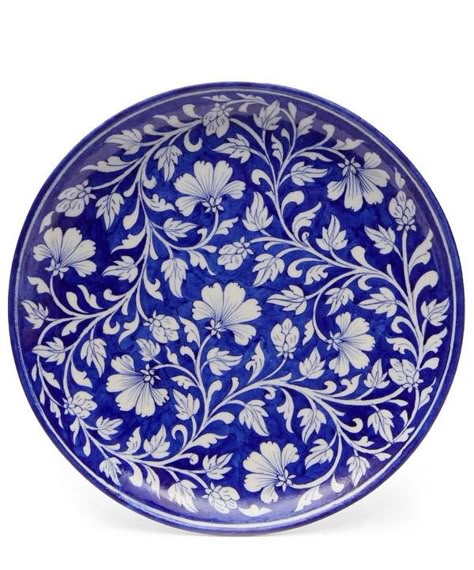 Elevate your living space with this elegantly detailed decorative plate, handcrafted by artisans in Rajasthan. Blue Pottery Jaipur, Blue Pottery Designs, Blue And White Pottery, Pottery Patterns, Persian Art Painting, Pichwai Paintings, Blue White Decor, Pottery Painting Designs, Tanah Liat