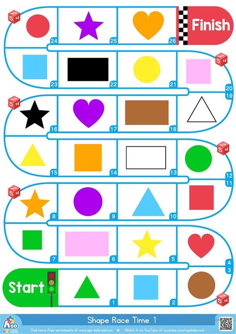 Shapes & Colors Race Time - BINGOBONGO Learning - English ESL Worksheets for distance learning and physical classrooms Montessori, Shape Games For Kids, Color Worksheets For Preschool, Shapes Worksheet Kindergarten, Fun Worksheets For Kids, Kindergarten Letters, Primary And Secondary Colors, Secondary Colors, Shape Games