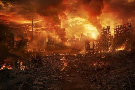 A city is destroyed by fire and the sky is dark and cloudy generative ai image | Premium AI-generated image Destroyed City Background, Sun Background, Burning City, City Background, Dark City, Studio Backdrops, Cover Ideas, Futuristic City, Ap Art