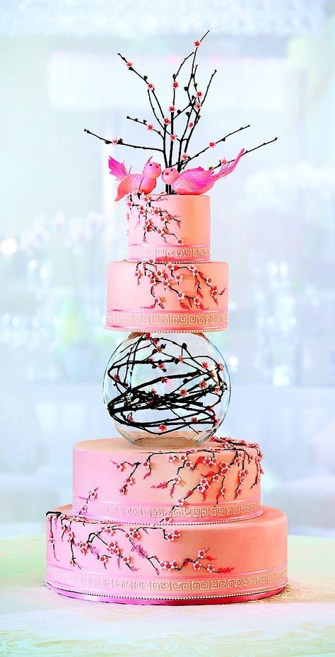 Crazy Wedding Cakes, Torte Creative, Wedding Cake Birds, Torte Cupcake, Cherry Blossom Wedding, Bird Wedding, Pink Wedding Cake, Tiered Cake, Amazing Wedding Cakes