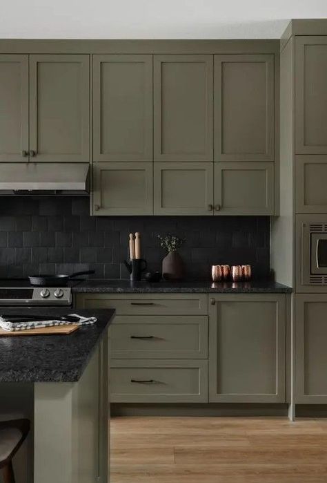 Black Stone Countertops, Fey Court, Black Tile Backsplash, Kitchen With Shaker Cabinets, Ottawa House, Olive Kitchen, Olive Green Kitchen, Black Kitchen Countertops, Dark Green Kitchen