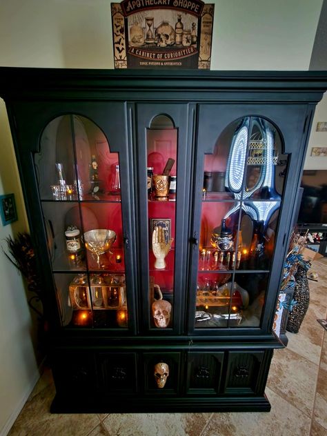 Cabinet Of Curiosities Aesthetic, Witchy China Cabinet, Witchy Curio Cabinet, Dark Academia China Cabinet, Gothic China Cabinet, Living Room Hutch, Goth China Cabinet, Fantasy Curio Cabinet, Gothic Cabinet