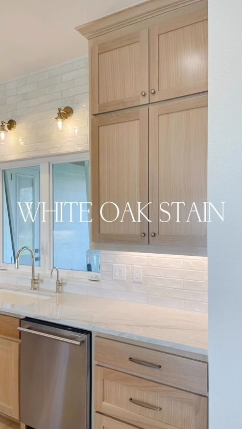 Heather | Let talk about stain!! I fell in love with White Oak cabinets a couple of years ago when we first started talking about building a home… | Instagram Bisque Cabinets Kitchens, Light Wood Cabinets With Gold Hardware, Kitchen Backsplash Ideas White Oak Cabinets, Tan Brushed Oak Cabinets, Light Wood Kitchen Design, Oak Cabinets Sanded Down, White Wash White Oak Cabinets, White Countertops Oak Cabinets, Washed Oak Kitchen Cabinets