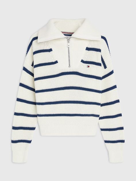 White Knit Sweater Outfit, Tommy Hilfiger Outfits Women, Tommy Hilfiger Outfits, Tommy Hilfiger Jumper, Knit Sweater Outfit, Jumper Designs, Luxury Jacket, Half Zip Jumper, Tommy Hilfiger Girl