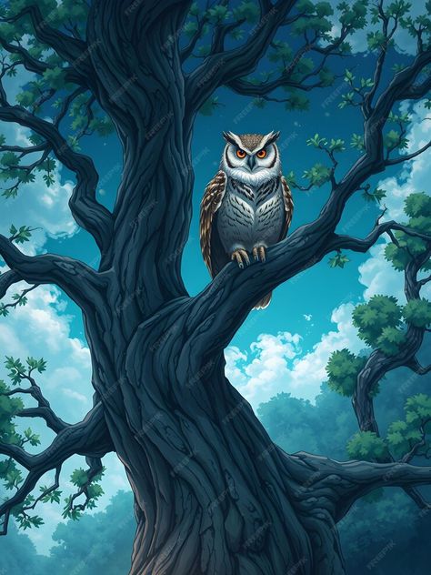 How To Draw An Owl In A Tree, Owl On A Tree Drawing, Owl On A Branch, Owl In Forest, Owl In Tree Illustration, Owl Cartoon, A Cartoon, Tree Art, Tree Branches