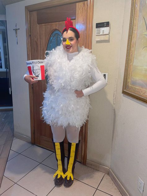 Halloween Chicken Theme Trunk Or Treat, Crazy Chicken Lady Costume, Adult Chicken Costume Diy, Chicken Costume Women's, Diy Chicken Costume Women, Kfc Halloween Costume, Homemade Chicken Costume, Adult Chicken Costume, Chicken Little Costume