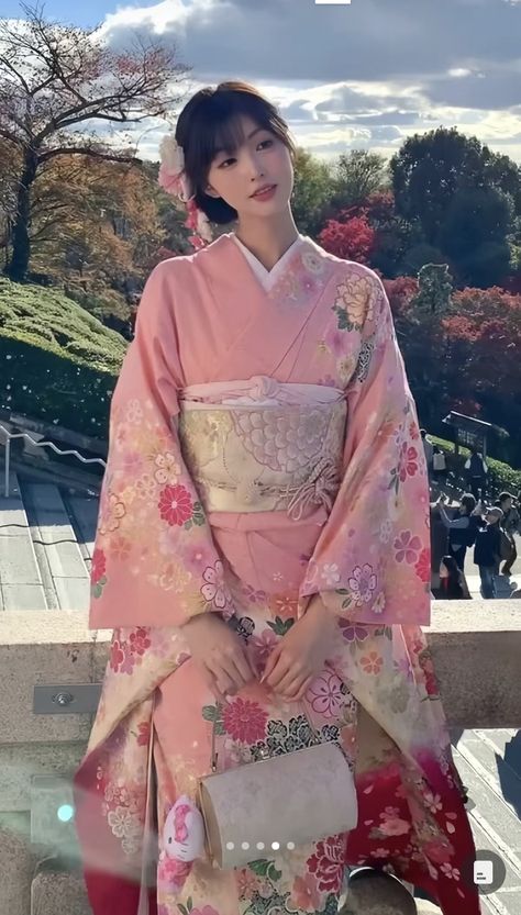 Cherry Blossom Kimono Traditional, Kimono Festival Outfit Japan, Kimono Fashion Japanese, Kimono Women Traditional, Asian Clothes Traditional, Aesthetic Yukata, Kimono Picture Ideas, Japanese Restaurant Outfit, Japanese Costume Woman