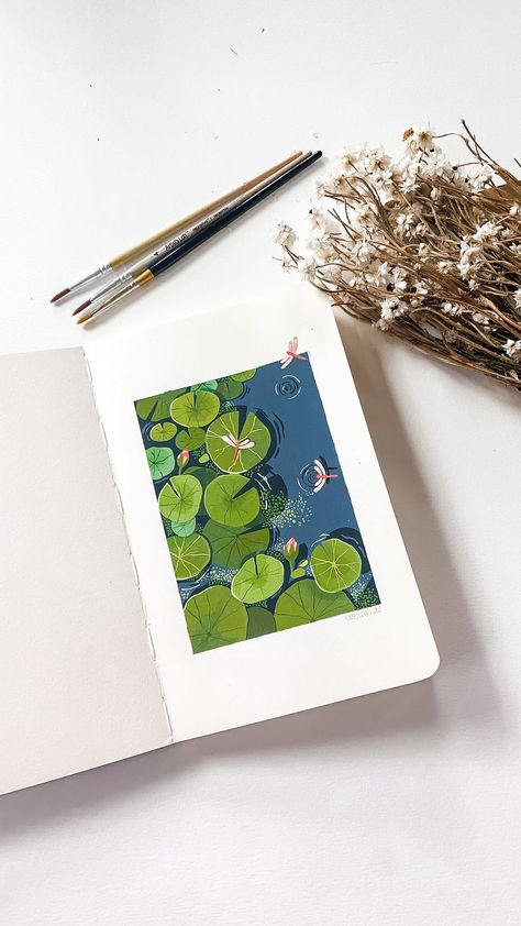 Nice Watercolor Paintings, Gouache Mini Painting, Pond Paintings, Gouache Painting Techniques, Paint Sketchbook, Gouache Sketchbook, Gauche Painting, Painting Sketchbook, Landscapes Paintings