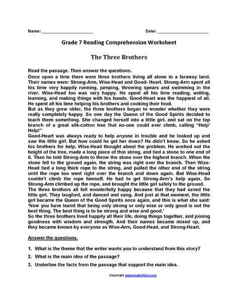 Three Brothers<br>Seventh Grade Reading Worksheets Middle School Reading Worksheets, Grade 7 Comprehension Worksheets, Comprehension For Grade 7 With Questions, 7th Grade Reading Worksheets, Grade 7 English Worksheets, Grade 7 Reading Comprehension Worksheets, Grade 7 Worksheets, 7th Grade Reading Comprehension, Summarizing Worksheet