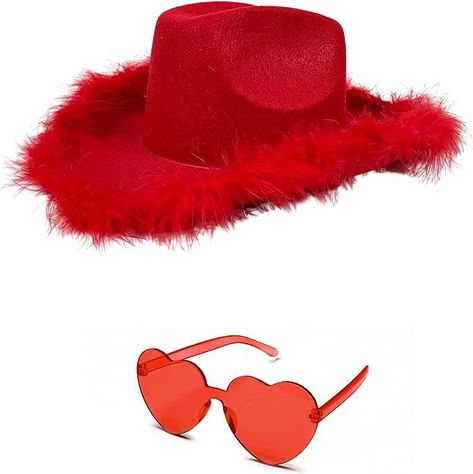 Preppy Cowgirl Hat, Halloween Cowboy Costume, Cowgirl Costume For Women, Red Heart Shaped Sunglasses, Preppy Cowgirl, Red Cowboy Hat, Red Preppy, Cute Valentines Day Outfits, White Cowboy Hat