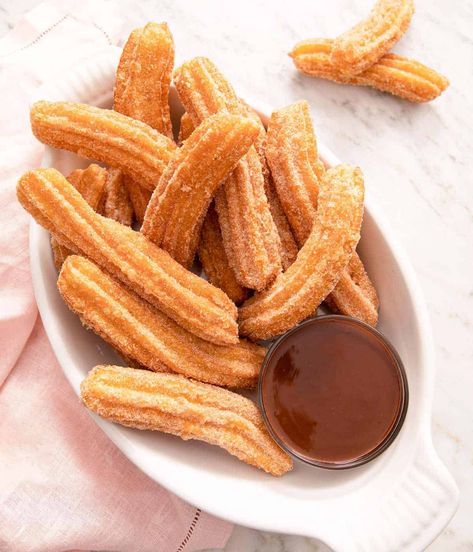 Homemade Churros Recipe, Baked Churros, Chef Billy Parisi, Homemade Churros, Chocolate Dipping Sauce, Churros Recipe, Preppy Kitchen, Fried Dough, Easy Chocolate