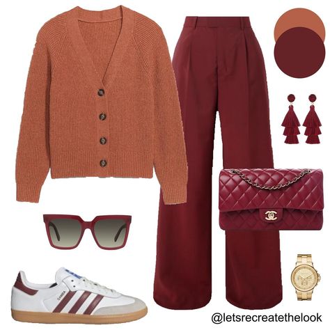 Burgundy Trousers - 10 Outfit Ideas 🐙 Here are 10 more colors that pair well with burgundy! Which is your favorite? As fall approaches it’s time to break out our sweaters. Instead of just pairing them with jeans, here’s a reminder that wide leg trousers are a more elevated option but just as comfortable! So for an elevated casual look, try pairing your sweaters with your trousers! You can still wear your sneakers with them! 😉 So save this post for style inspiration and look in your closet to... Trousers With Sneakers Outfit, Rust Pants Outfit, Burgundy Sneakers Outfit, Elevated Casual Outfit, Burgundy Trousers, Burgundy Sneakers, Church Attire, Elevated Casual, Everyday Outfit