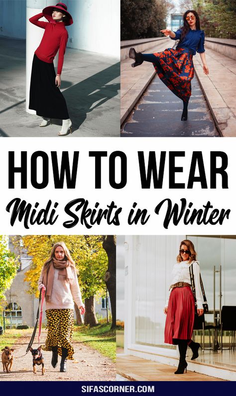 Skirts During Winter, Long Skirt Outfits For Winter Formal, Winter Fashion Outfits Long Skirt, Long Skirt Outfits Cold Weather, Midi Skirts Winter, Midi Skirt Tights Outfits, Mid Length Skirts Outfit, How To Style Skirts In Winter, How To Style A Midi Skirt In Winter