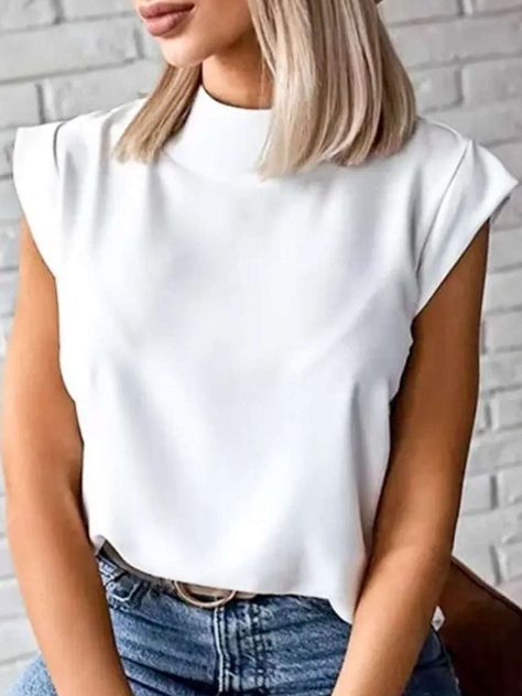 Korean Shirt, Shirt Elegant, Loose Fit Blouse, Cap Sleeves Blouse, Mock Neck Blouse, White Caps, Cap Sleeve Top, Women Blouse, Mock Neck Top