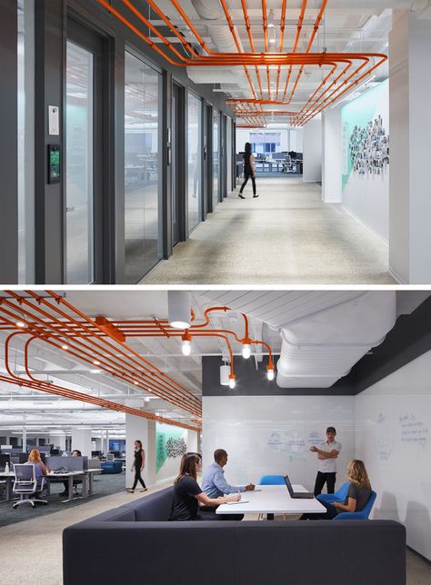 This Office Design Uses Orange Pipes To Guide People Around The Space Ballroom Decorations, Hygge Office, Executive Wear, Workspaces Design, Loft Exterior, Dreams Motivation, Goal Ideas, Industrial Office Design, Workout Goals