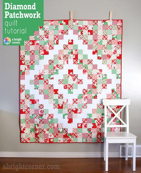 Diamond Patchwork quilt tutorial from Andy of A Bright Corner Swell Christmas, Modern Christmas Quilt, Christmas Quilt Blocks, Christmas Quilting, Christmas Quilt Patterns, Fat Quarter Quilt, Quilt Care, Scrap Quilt Patterns, Quilt Tutorial