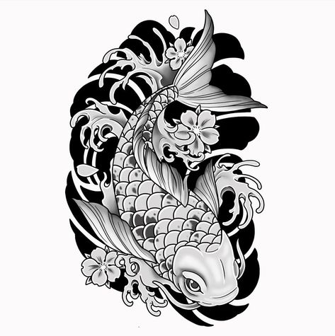 Coil Fish Tattoo Designs, Japanese Tattoo Art Koi, Koi Fish Tattoo Stencil, Pez Koi Tattoo, Tato Realis, Japanese Leg Tattoo, Japanese Koi Fish Tattoo, Koi Tattoo Sleeve, Skull Tattoo Flowers