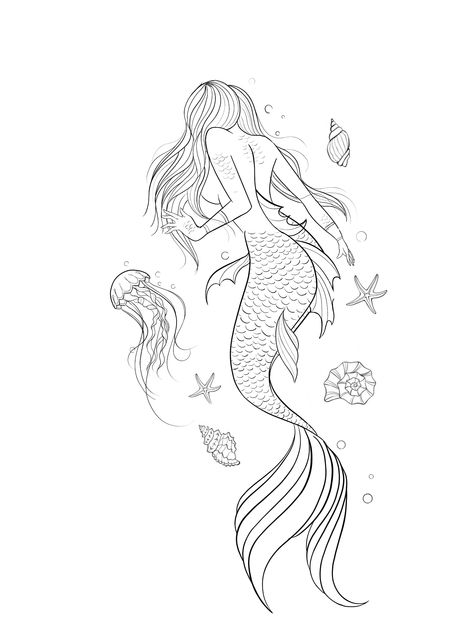 Mermaid Tattoo Sketch, Mermaid Sketch Simple, Mermaid Outline Drawing, Mermaid Tattoo Designs Sketches, Mermaid Tattoo Drawing, Fine Line Mermaid Tattoo, Mermaid Tattoo Ideas For Women, Mermaid Line Art, Mermaid Stencil