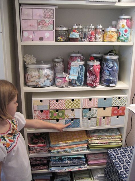 craft storage Craft Box Storage, Cross Stitch Room Organization, Sewing Organization Ideas, Organizing Fabric Scraps Storage Bins, Doll House Storage Kids Rooms, Organizing Quilt Fabric Scraps, Ikea Jars, Ikea Box, Craft Room Organization Ideas