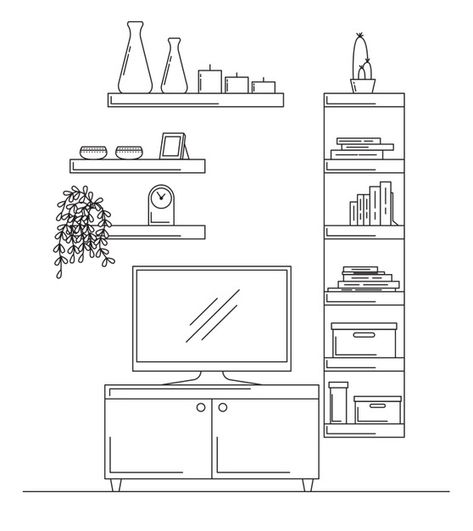 How To Draw Interior Design Sketches, Furniture Drawing Sketch Interior Design, Line Drawing Interior, Bookcase Drawing, House Interior Illustration, Sofa Illustration, Room Perspective Drawing, Bookcase Dresser, Drawing Interior Design