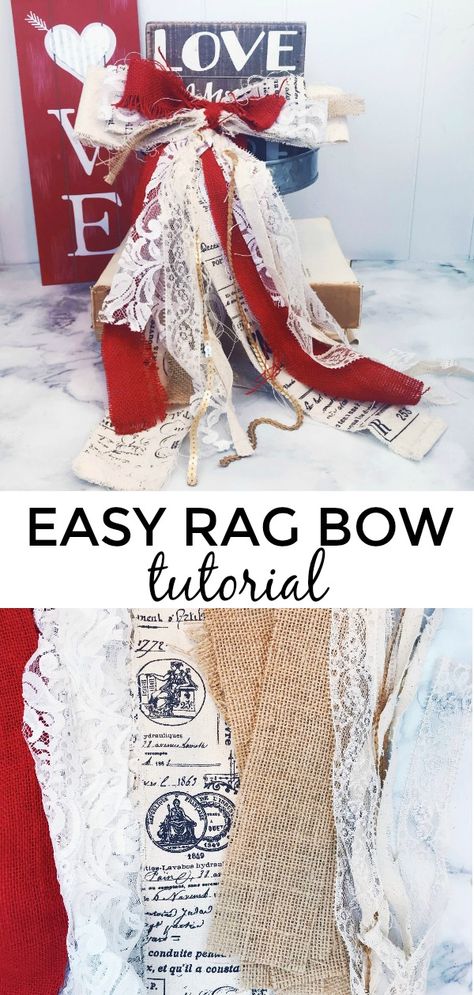 Easy rag bow tutorial made with lace, printed canvas, and burlap scraps for wreath making or shabby chic and rustic home decorating. #shabbychic #bowmaking #ragbow via @gknupp Rag Bows, Shabby Chic Dining Room, Shabby Chic Wreath, Shabby Chic Dining, Chic Dining Room, Shabby Chic Living, Shabby Chic Living Room, Shabby Chic Room, Shabby Chic Bedroom