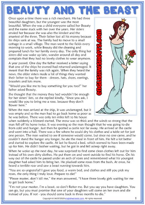 Beauty and the Beast ESL Reading Text Worksheet For Kids Beauty And The Beast Story Book, Story For Reading In English, English Stories For Adults, Reading Text For Kids, Stories With Moral Lessons In English, Reading Story For Kids, Story For Kids Short In English, English Text Reading, Beauty And The Beast Reading