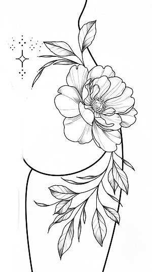 Thigh Template For Tattoo, Delicate Flower Tattoo Thigh, Thigh Tattoos Women Line Work, Flower Hip Tattoo Thigh Piece Stencil, Woman Outline With Flowers Tattoo, Tattoo Bein Frau, Floral Back Tattoos, Hip Tattoos Women, Muster Tattoos