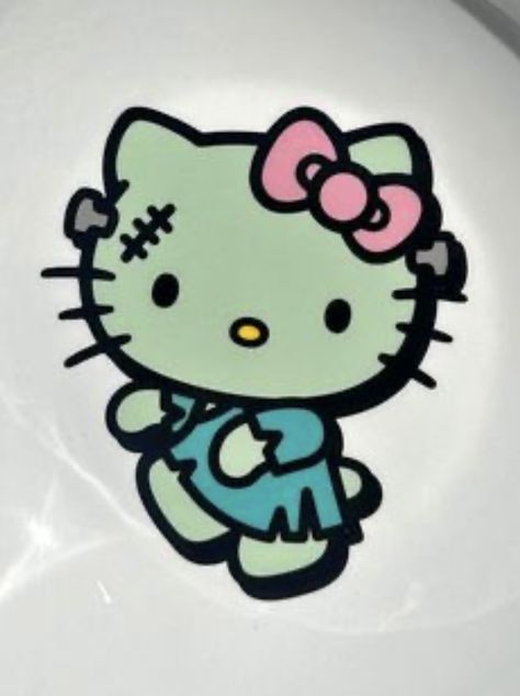 Zombie Hello Kitty Pumpkin, Hello Kitty Frankenstein Pumpkin, Halloween Painting Hello Kitty, Pumpkin Painting Hello Kitty, Ghost Face Hello Kitty, 2000s Stickers Aesthetic, Pumpkin Painting Ideas Hello Kitty, Alien Hello Kitty, Hello Kitty In Costume