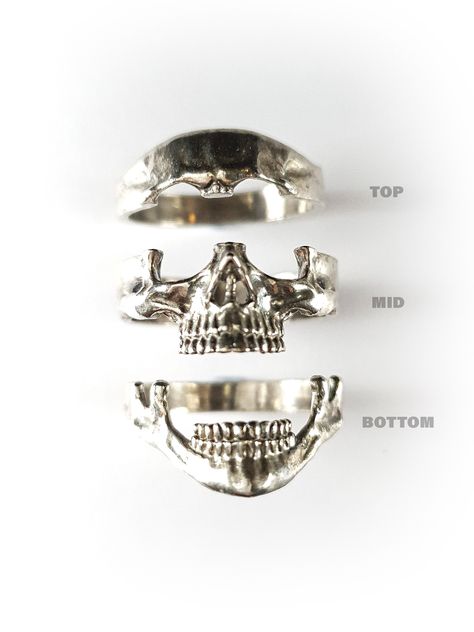 This 3 parts stackable Skull ring is designed for ease and comfort. Unisex, humble and versatile. You can purchase any of the 3 parts or together as a set of 3. It is an ideal ring to add on to your wedding band or other rings to add more characteristic to them. 1) Top - Forehead 2) Mid - Eyes 🔥👍 3) Bottom - Jaw 4) Top + Mid 5) Mid + Bottom 6) Top + Bottom 7) Top + Mid + Bottom Material: Sterling Silver with Antique Finishing 🔥 Popular among buyers. 👍 Recommended by Altejewellers. If you req Sterling Silver Skull Rings, Silver Skull Ring, Dope Jewelry, Funky Jewelry, Ring For Men, Jewelry Outfit, Skull Ring, Girly Jewelry, Jewelry Inspo