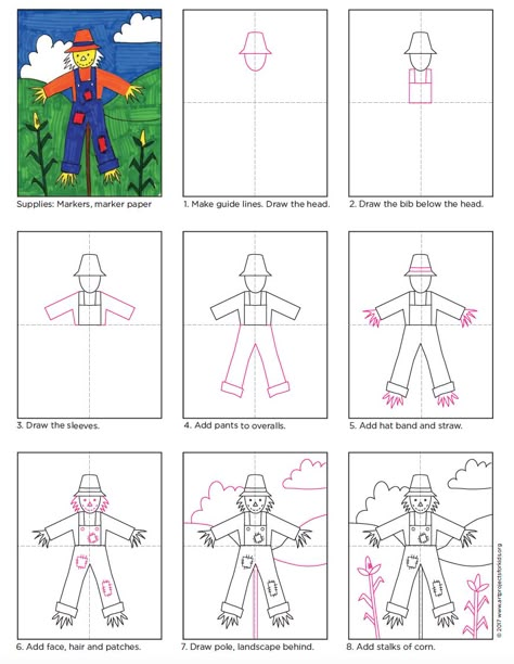 How to draw a scarecrow in a field. PDF tutorial available. #scarecrow #howtodraw Scarecrow Drawing, Thanksgiving Classroom, Fall Art Projects, Draw Animals, 3rd Grade Art, Classroom Art, Art Lessons For Kids, Fall Art, Theme Halloween