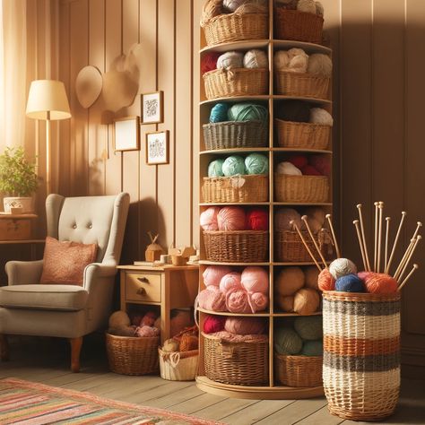 17 Unique Yarn Storage Ideas for Small Spaces On Budget - GoTinySpace Space Saving Sweater Storage, Ideas For Yarn Storage, Craft Room Yarn Organization Ideas, Creative Yarn Storage, Boho Craft Storage, Knit Storage, Shelf Organizer Ideas, Boho Organization Storage, Yarn Storage Ideas Organizing