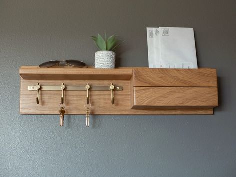 Solid White Oak Key Hook Entryway Organizer, Mail Holder, Key Hooks With Mail Holder, Wall Mount Key Hooks, Mail Organizer - Etsy Entryway Organizer Shelf, Mail Holder Wall, Hook Entryway, Entryway Organizer Wall, Key Shelf, Entryway Key Holder, Mail Organizer Wall, Mail And Key Holder, Entryway Organizer