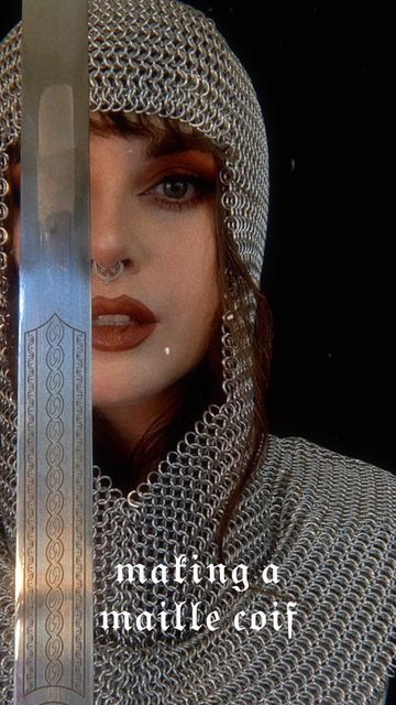 Woman In Chainmail, Chainmail Coif Pattern, Chainmail Illustration, Female Chainmail Armor, Ren Faire Chainmail, Chainmail Aesthetic, Fantasy Chainmail, Chainmail Outfit, Chainmail Diy